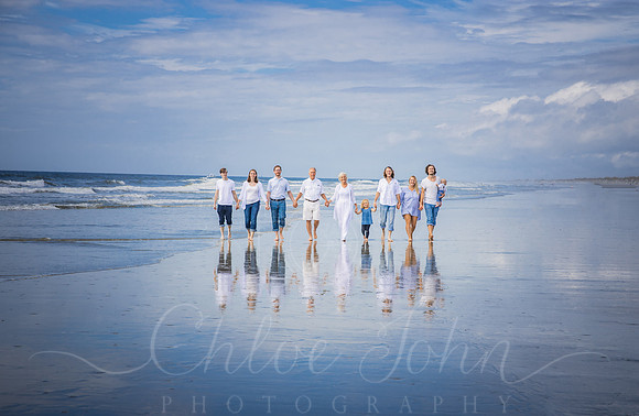 Large Famiy Walking shoreline shoot up and down the beach